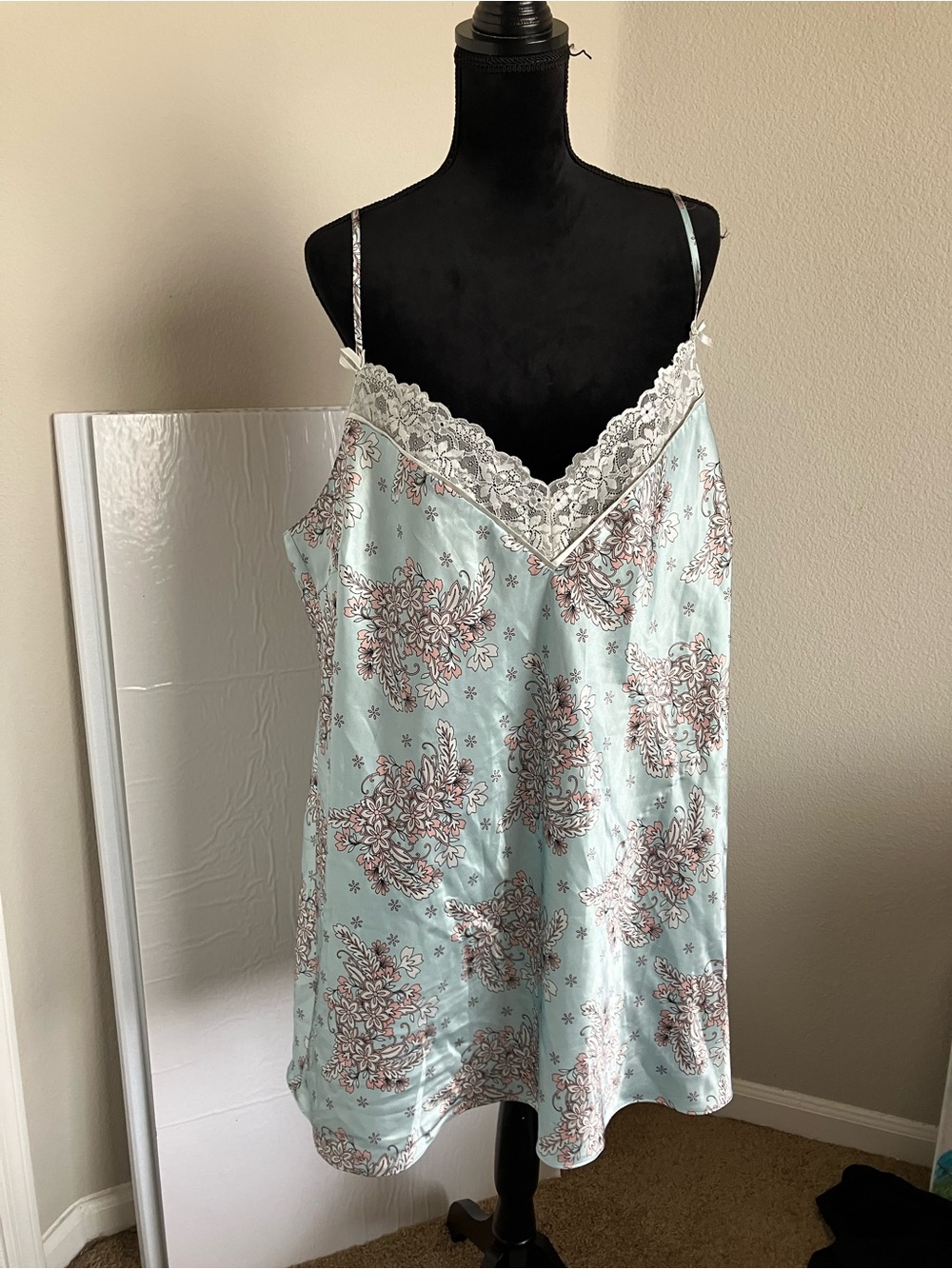 Morgan Taylor Mint Satin Chemise with Pink Floral & Ivory Lace